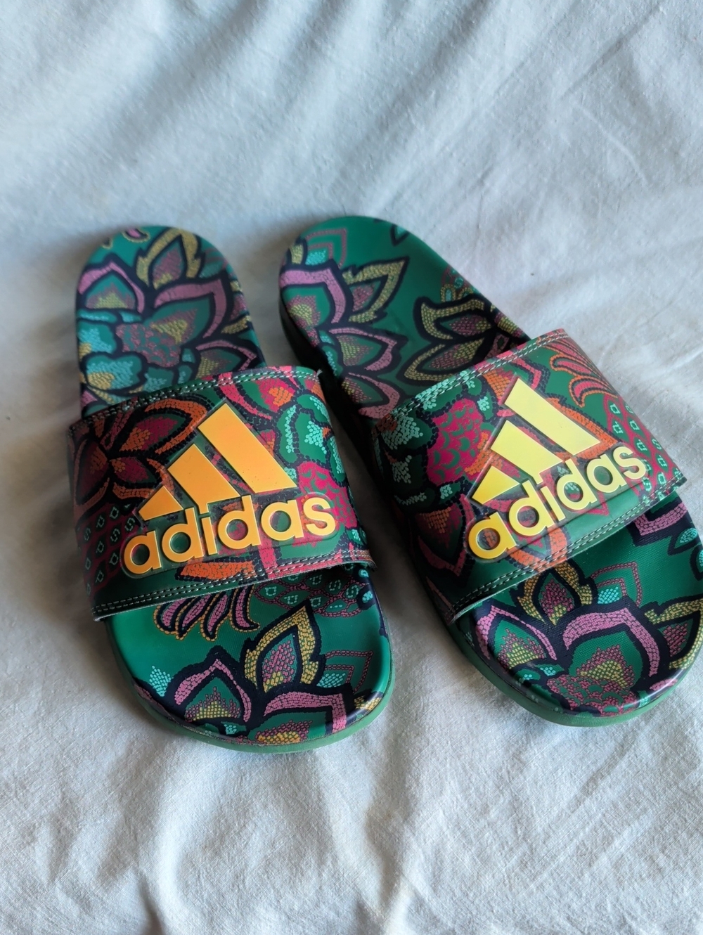 adidas Green Floral Pattern Kids Slide Sandals with Yellow Logo